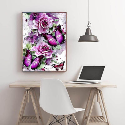 Diamond Painting-Lila Rosen und Schmetterlinge