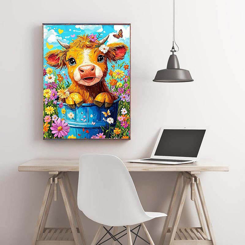 Diamond Painting-Lustiges Kälbchen im Blumenmeer