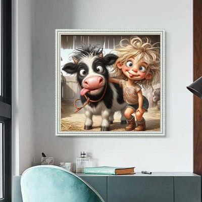 Diamond Painting-Lustiges Mädchen mit kleiner Kuh