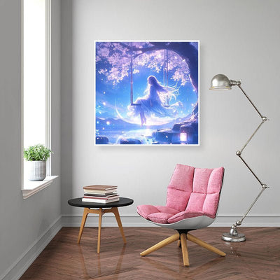 Diamond Painting-Mädchen auf einer Schaukel unter einem Baum