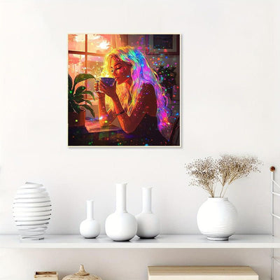 Diamond Painting-Mädchen, das Kaffee trinkt