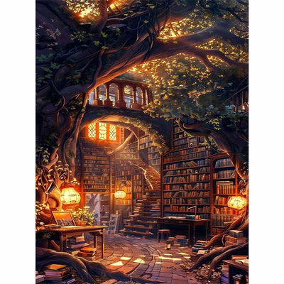 Diamond Painting-Magische Bibliothek im Zauberwald