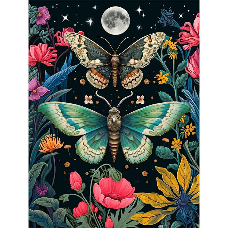 Diamond Painting-Mondschein-Schmetterlinge im Blumenfeld