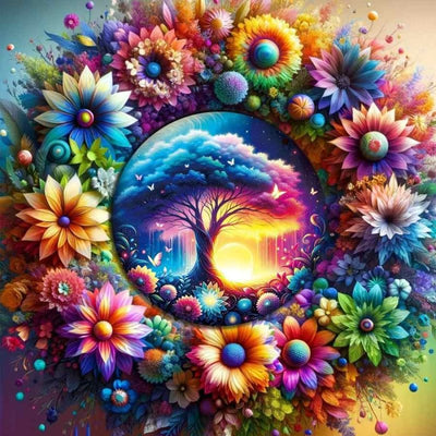 Diamond Painting-Mystischer Baum und Blumenkranz