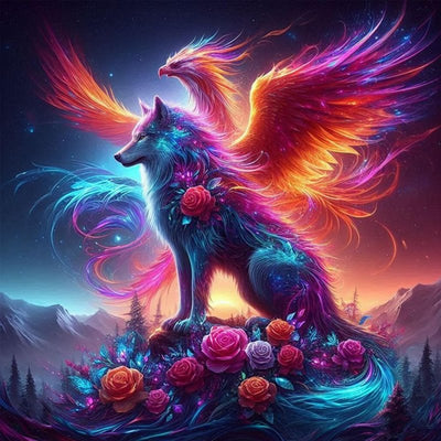 Diamond Painting-Mystischer Wolf und Phönix