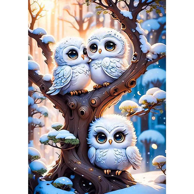 Diamond Painting-Niedliche Wintereulen im Baum