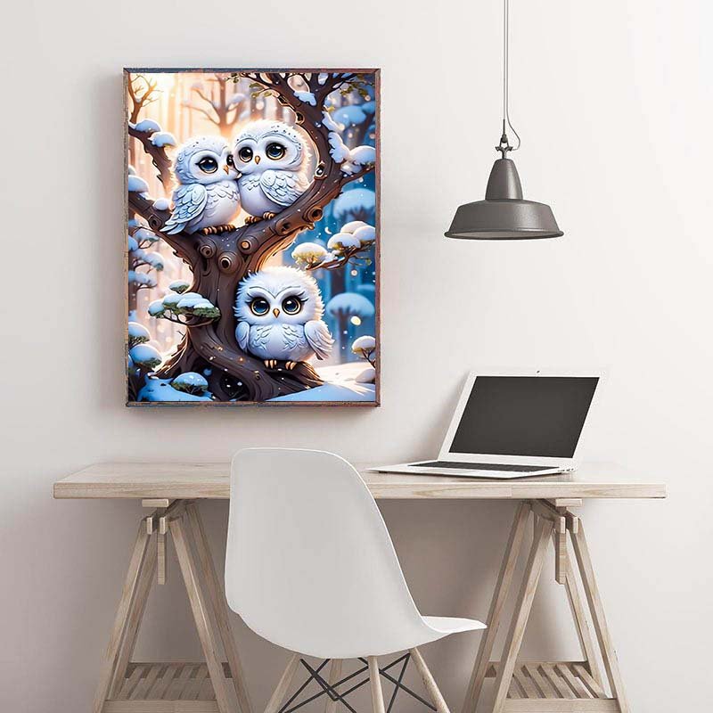 Diamond Painting-Niedliche Wintereulen im Baum