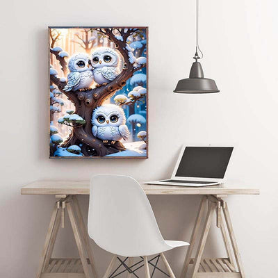 Diamond Painting-Niedliche Wintereulen im Baum