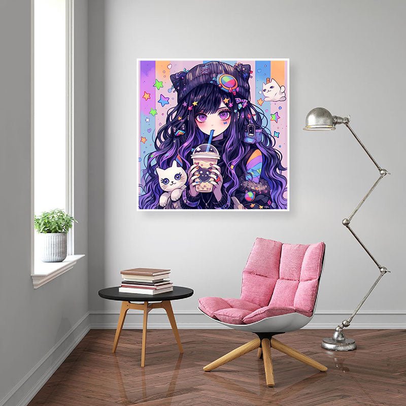 Diamond Painting-Niedliches Mädchen, das Milchtee trinkt