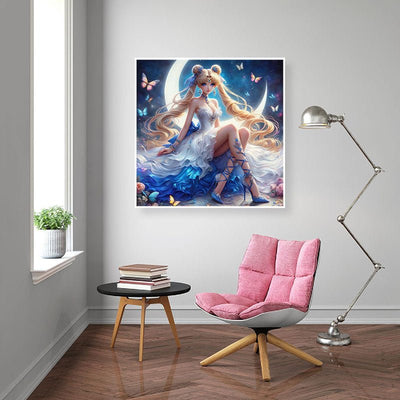 Diamond Painting-Niedliches Mädchen im Mondlicht