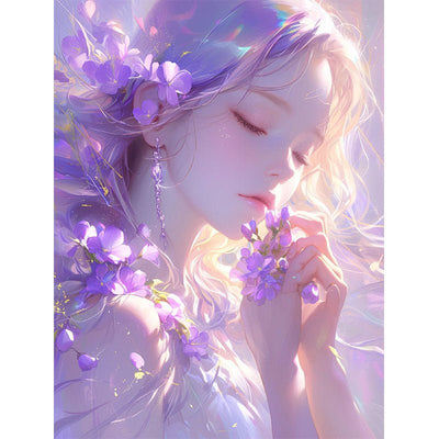 Diamond Painting-Niedliches Mädchen, verziert mit Blumen