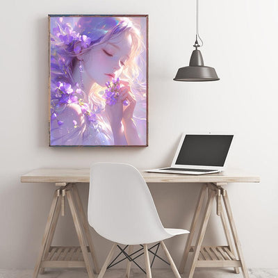 Diamond Painting-Niedliches Mädchen, verziert mit Blumen