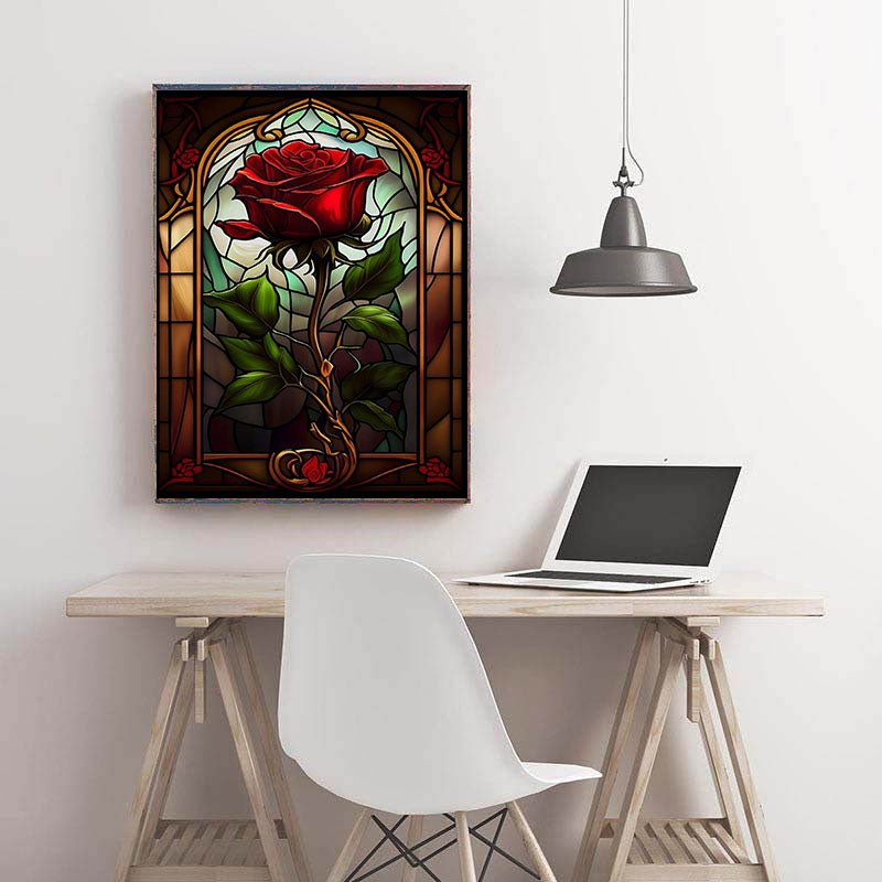 Diamond Painting-Rote Rose im Glasfenster