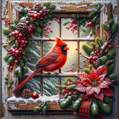 Diamond Painting-Roter Kardinal am Weihnachtsfenster