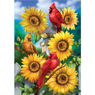 Diamond Painting-Rotkardinal auf Sonnenblumen