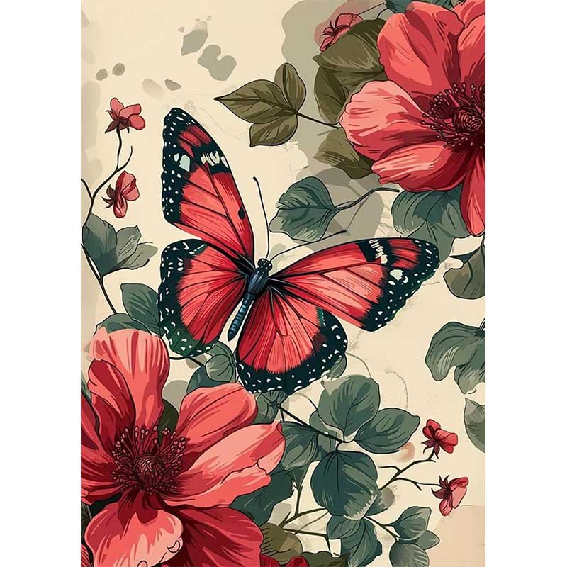 Diamond Painting-Schmetterling auf roten Blumen