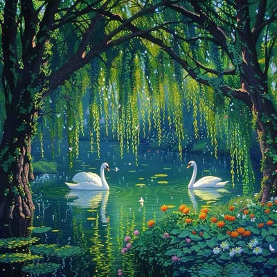 Diamond Painting-Schwanensee unter Weiden