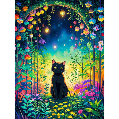 Diamond Painting-Schwarze Katze im Zaubergarten