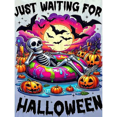 Diamond Painting-Skelett im Schwimmring mit Kürbissen