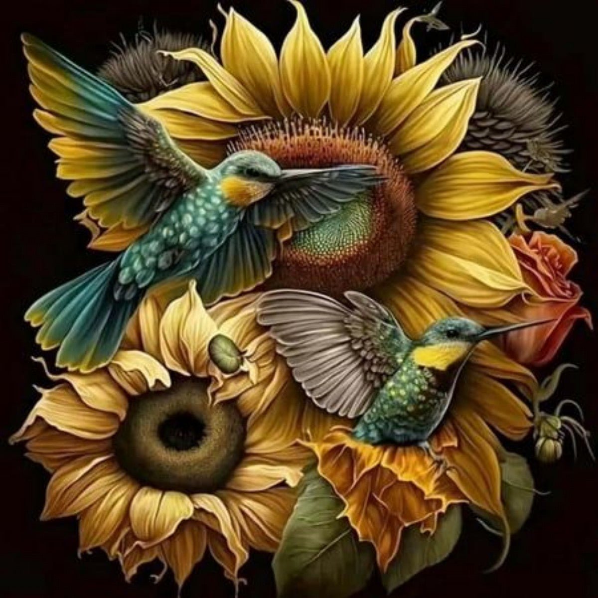 Diamond Painting - Sonnenblume mit einem Vogel darauf - diamondspainting