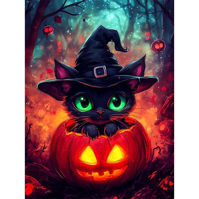 Diamond Painting-Süße Hexenkatze im Kürbis
