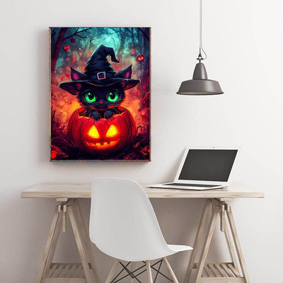 Diamond Painting-Süße Hexenkatze im Kürbis