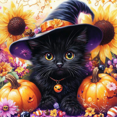 Diamond Painting-Süße schwarze Hexenkatze im Herbstzauber