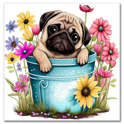 Diamond Painting-Süßer Mops im Blumeneimer
