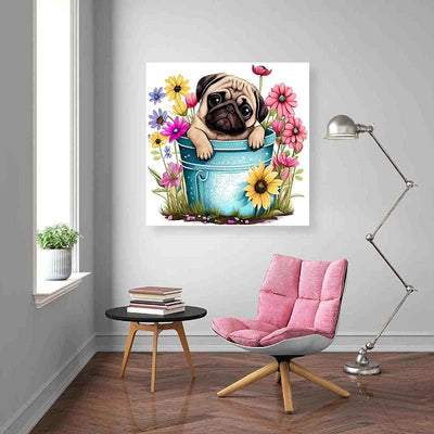 Diamond Painting-Süßer Mops im Blumeneimer