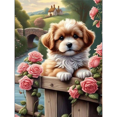 Diamond Painting-Süßer Welpe mit Rosen