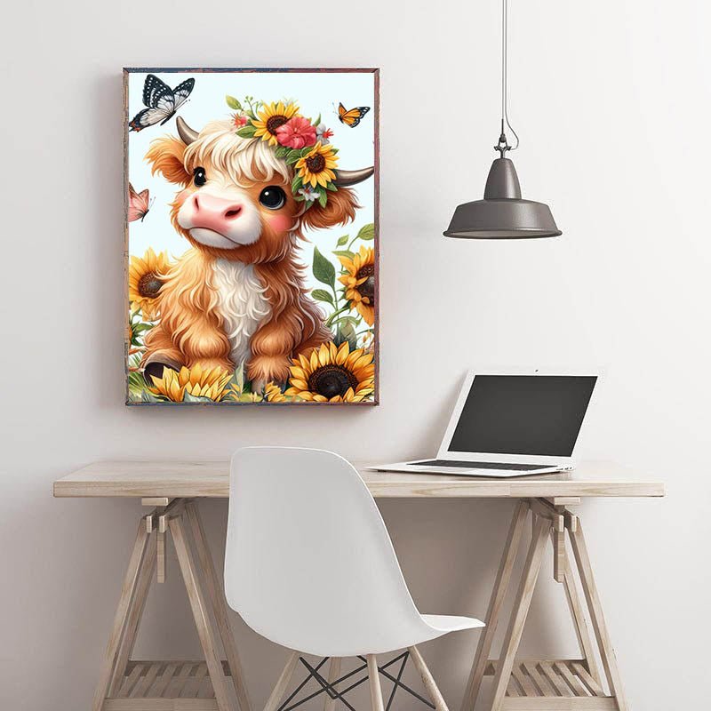 Diamond Painting-Süßes Baby-Kalb im Blumenkranz
