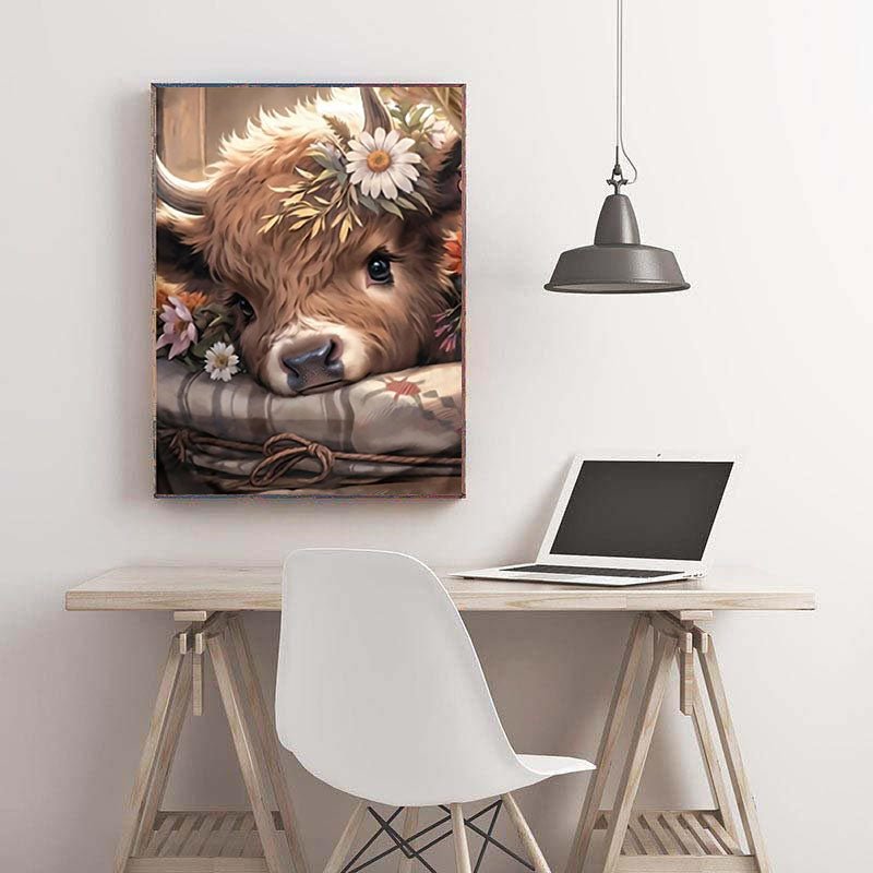 Diamond Painting-Süßes Kälbchen mit Blumenkranz