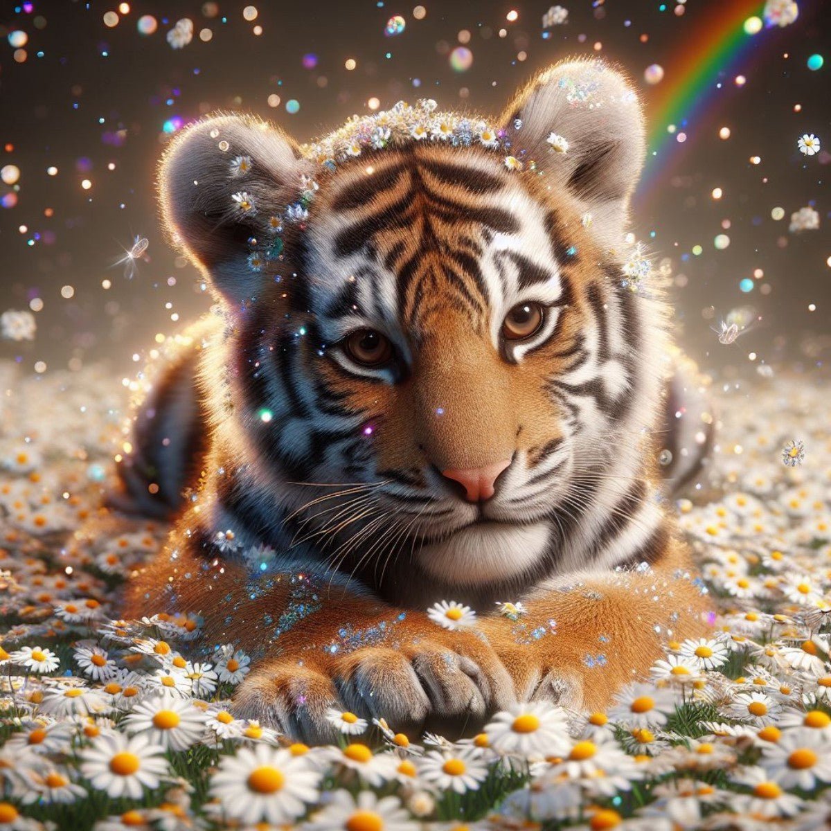 Diamond Painting - Tiger auf Gänseblümchen liegend - diamondspainting