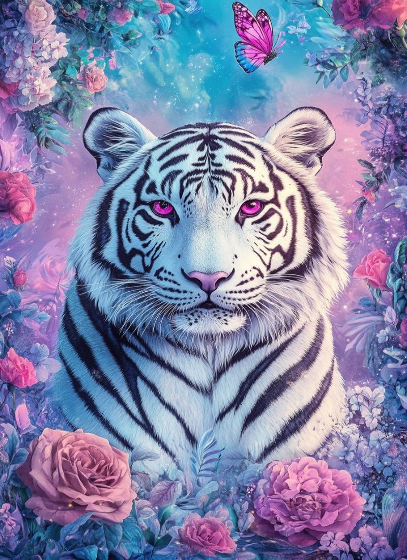 Diamond Painting - Tiger, umgeben von Blumen - diamondspainting