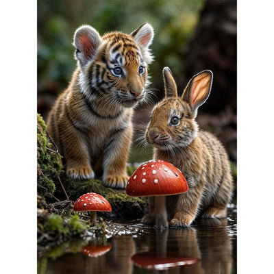 Diamond Painting- Tigerjunges und Kaninchen bei Pilzen