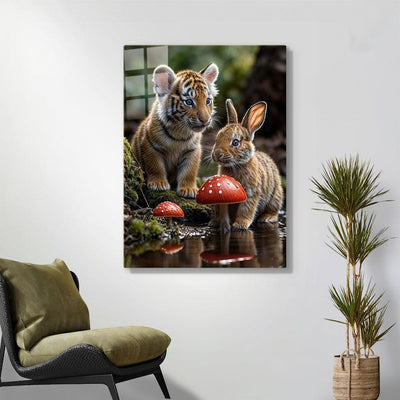 Diamond Painting- Tigerjunges und Kaninchen bei Pilzen