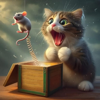 Diamond Painting-Überraschung! Katze & Maus im Spiel