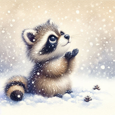 Diamond Painting-Waschbär, der im Schnee spielt - Jetzt bei diamondspainting kaufen