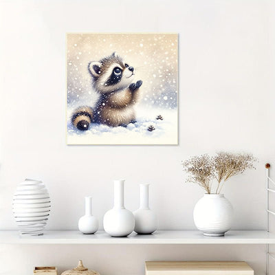 Diamond Painting-Waschbär, der im Schnee spielt