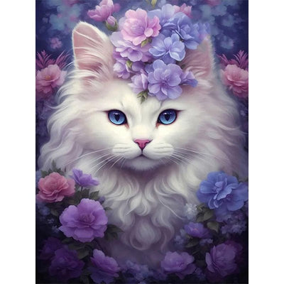 Diamond Painting-Weiße Katze mit Blumenkranz