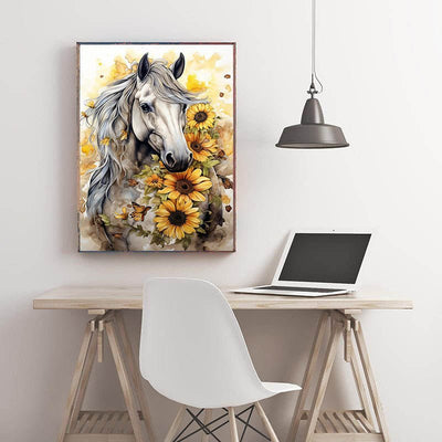 Diamond Painting-Weißes Pferd mit Sonnenblumen