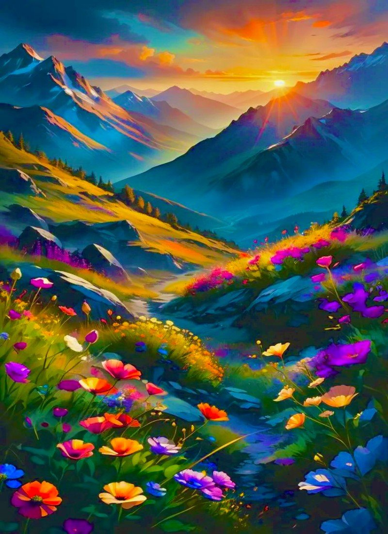 Diamond Painting - Wilde Blumen auf dem Berg im Sonnenuntergang - diamondspainting