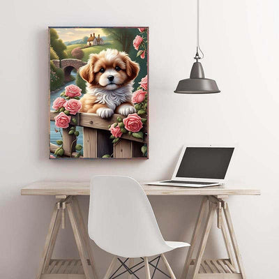 Diamond Painting-Süßer Welpe mit Rosen