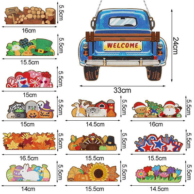 DIY Diamond Painting LKW-Dekor Holz-Willkommensschild mit 12 austauschbaren Feiertagssymbolen, Hängeset im Bauernhaus-Stil - Jetzt bei diamondspainting kaufen
