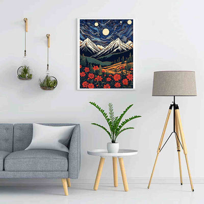 Diamond Painting-Blumen und Berge im Sternenglanz
