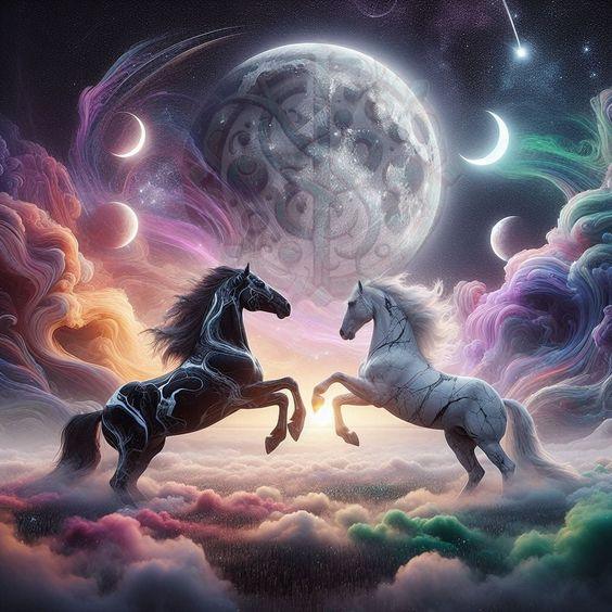 Strass- Schwarzes Pferd und weißes Pferd - Jetzt bei diamondspainting kaufen