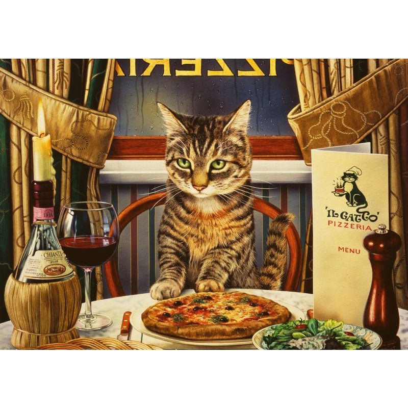 Voll AB Diamond Painting-Gourmet-Katze beim Italiener