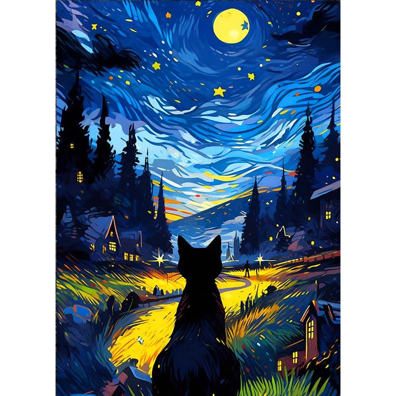 Voll AB Diamond Painting- Katze in der Sternennacht