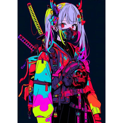 Voll AB Diamond Painting- Neon-Samurai Girl